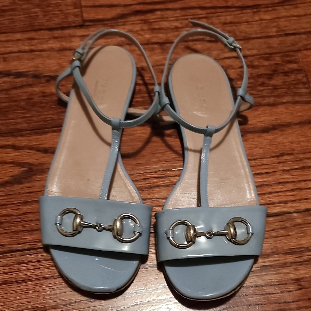 Gucci Light Blue T-Strap Sandals with White Metal Horsebit